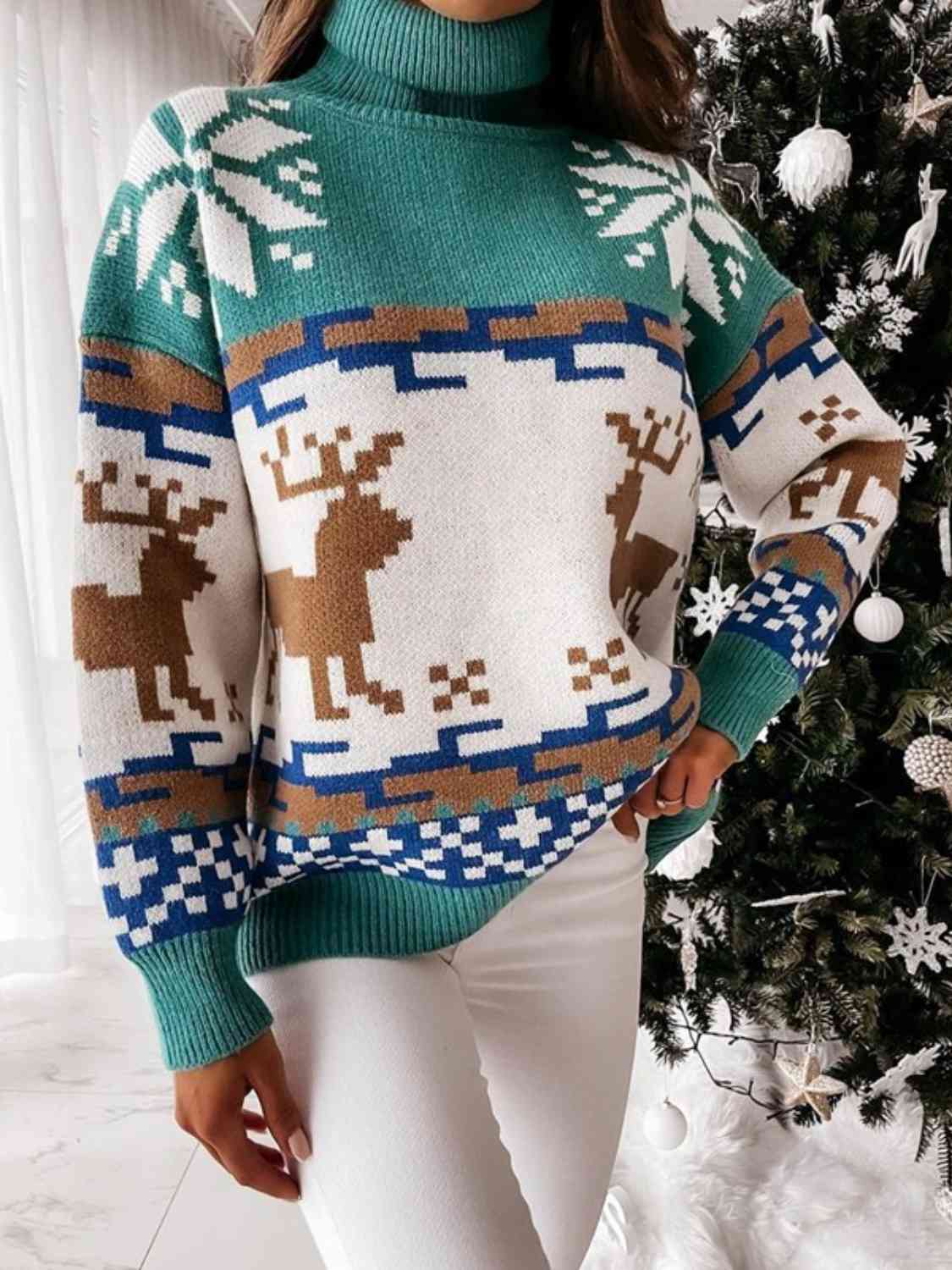 Knit Fair Isle Reindeer Snowflake Turtleneck Bold Geometric Classic Sweater