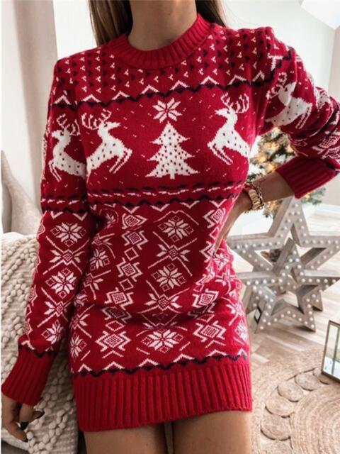 Fair Isle Winter Reindeer Snowflake Classic Knit Long Sleeve Mini Sweater Dress