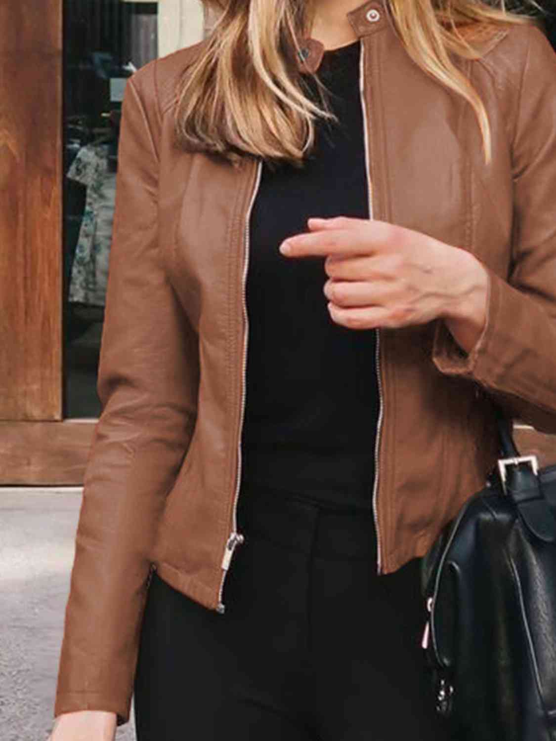 Chic Moto Vegan Leather Jacket Zip-up Sleek Snap Mock Neck