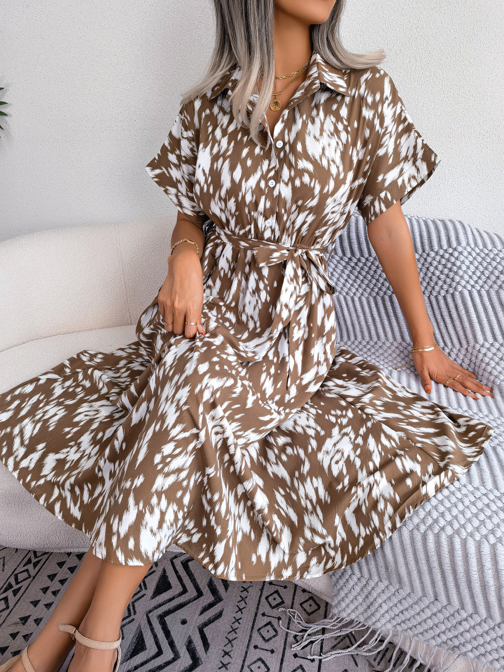 Brush Stroke Print Collared Short Sleeve Waist Tie Belt Midi Dress