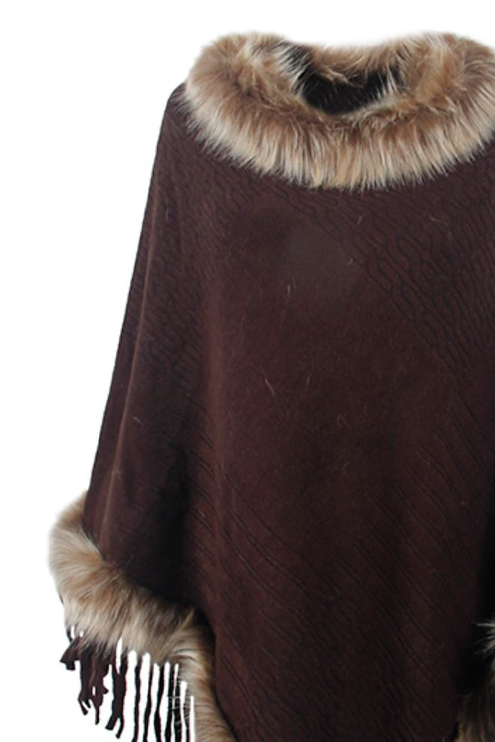 Faux Fur Retro Fringe Hem Textured Knit Pullover Poncho