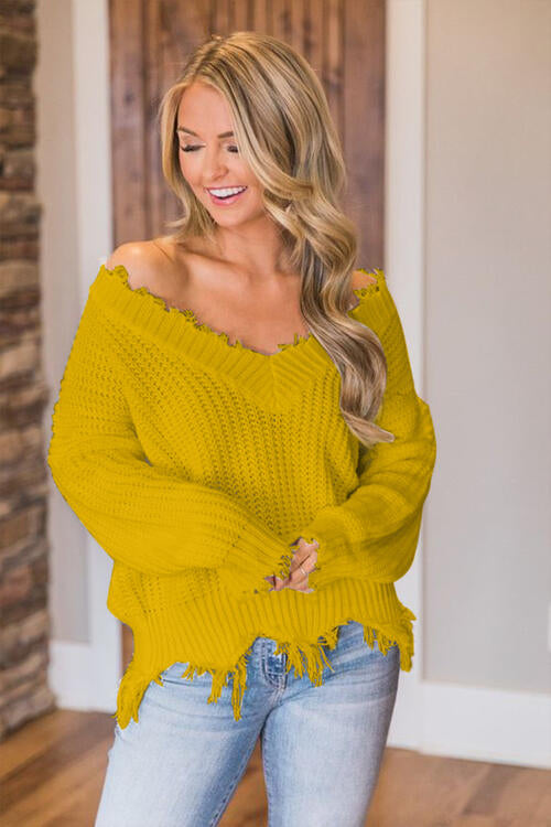 Distressed Raw Hem Off Shoulder Wide Neck Long Sleeve Waffle Knit Sweater Shirt