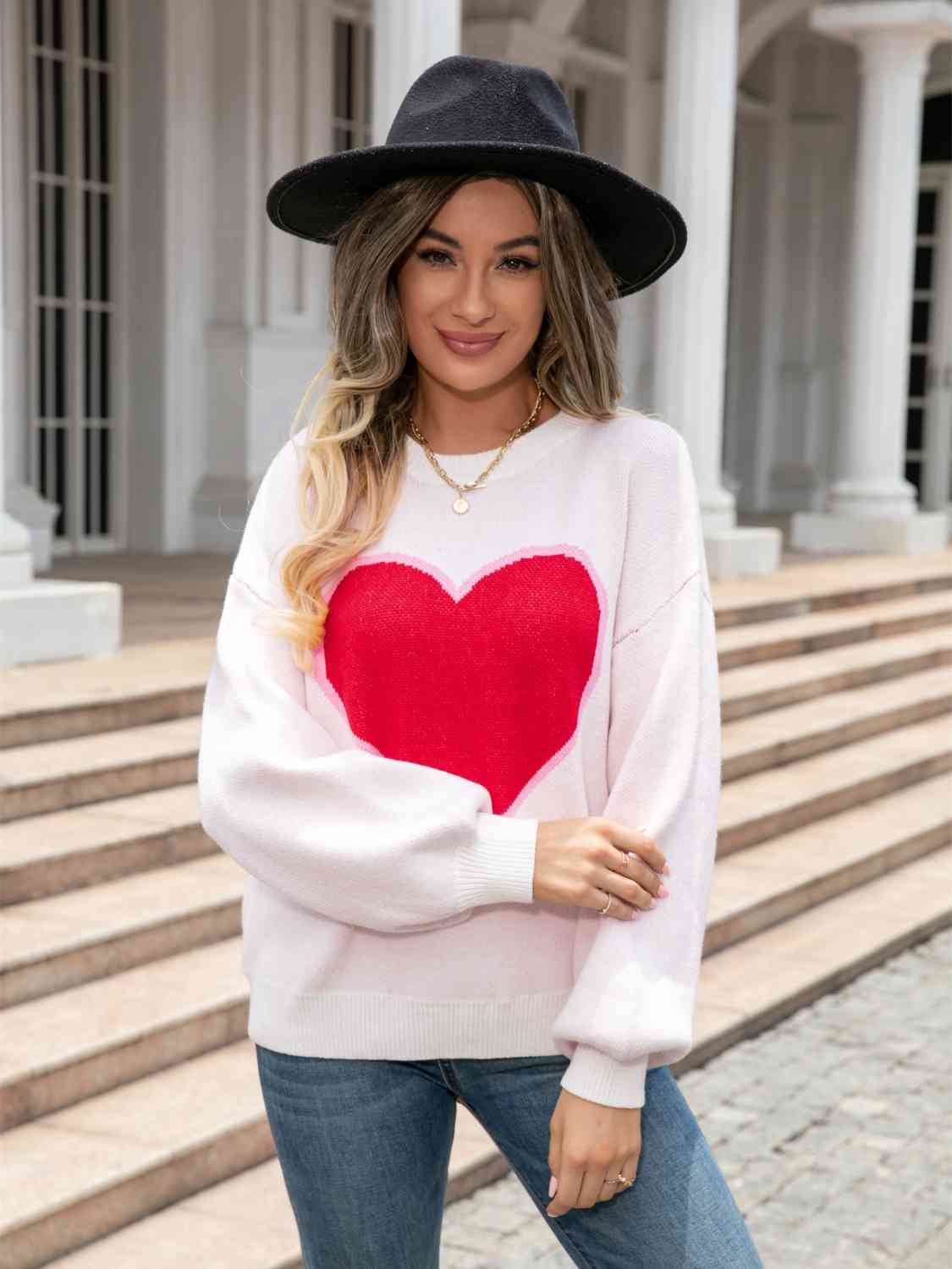 Knit Heart Contrasting Classic Round Neck Pullover Top Long Sleeve Sweater Shirt