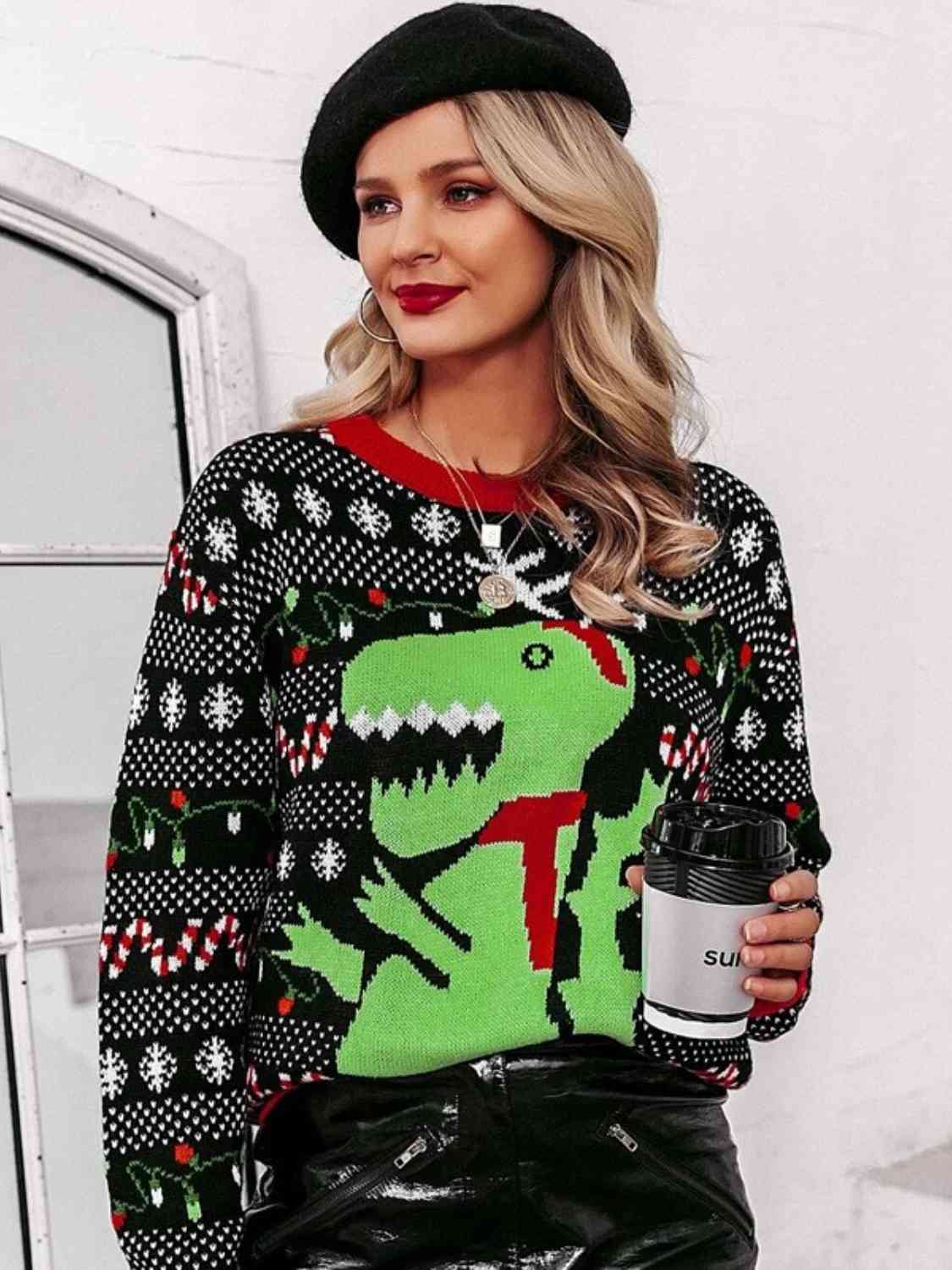 T-Rex Knit Dinosaur Holiday Christmas Light Fun Long Sleeve Sweater