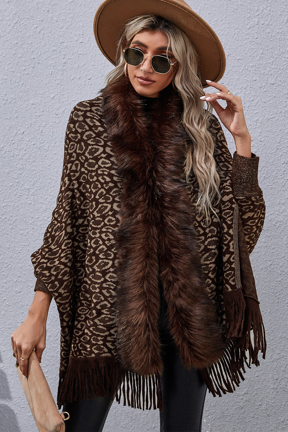 Faux Fur Knit Leopard Print Fringe Bottom Long Sleeve Cardigan Poncho