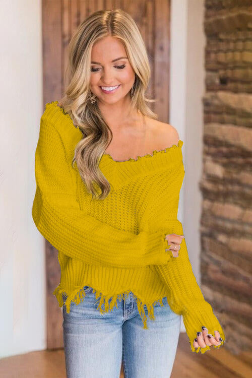 Distressed Raw Hem Off Shoulder Wide Neck Long Sleeve Waffle Knit Sweater Shirt