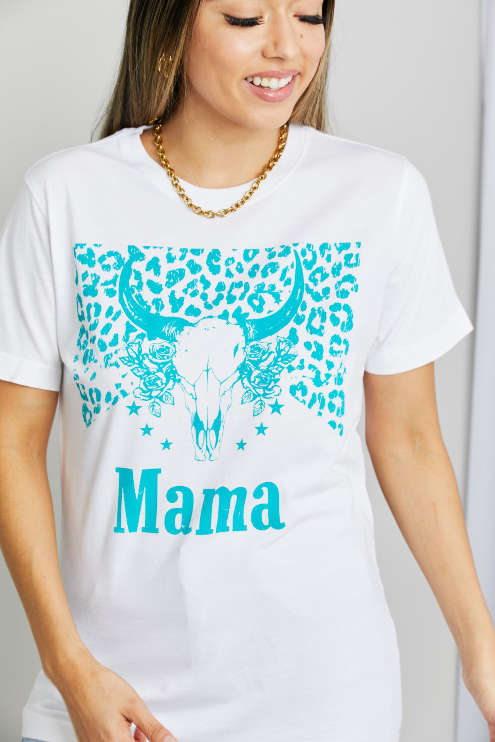 Western MAMA Graphic Teal Bull Horn 100% Cotton Tee Shirt (Plus Size Available)