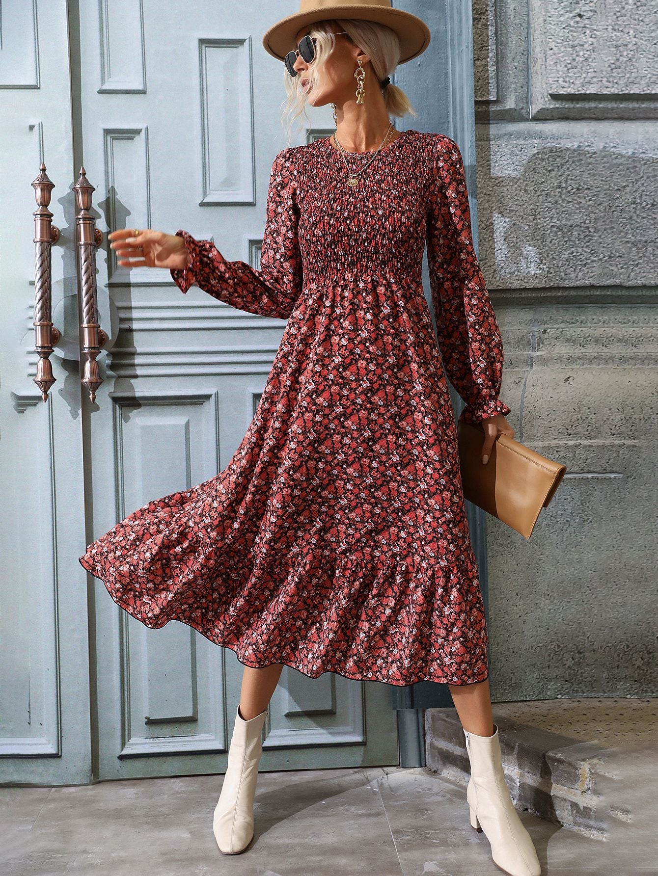 Retro Floral Print Modest Long-sleeve Smocked Bodice Midi Prairie Dress