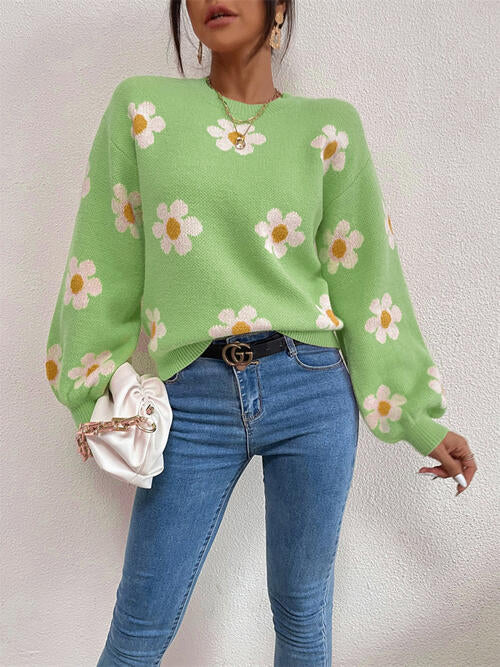 Daisy Retro Flower Knit Pullover Classic Long Lantern Sleeve Sweater Shirt