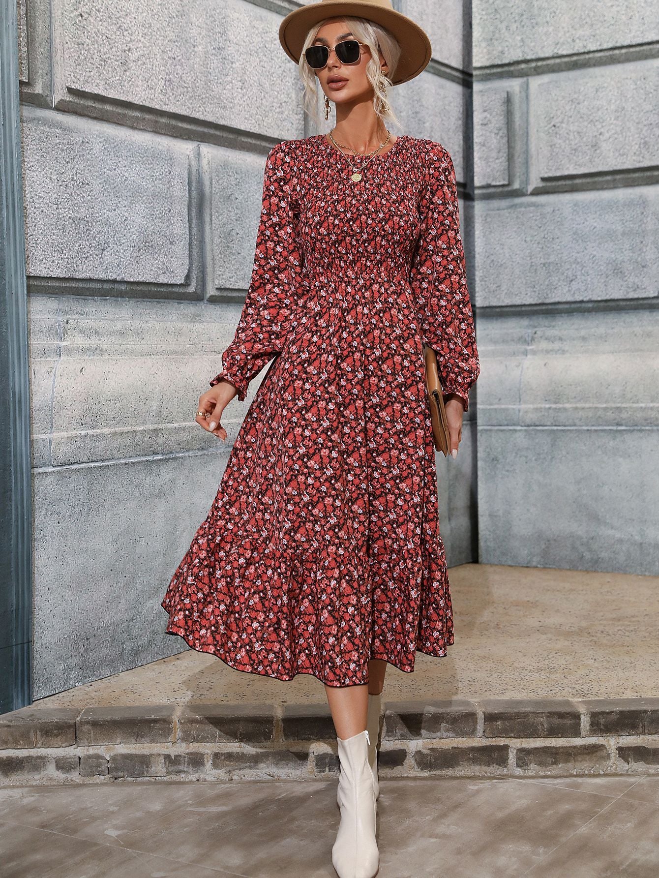 Retro Floral Print Modest Long-sleeve Smocked Bodice Midi Prairie Dress