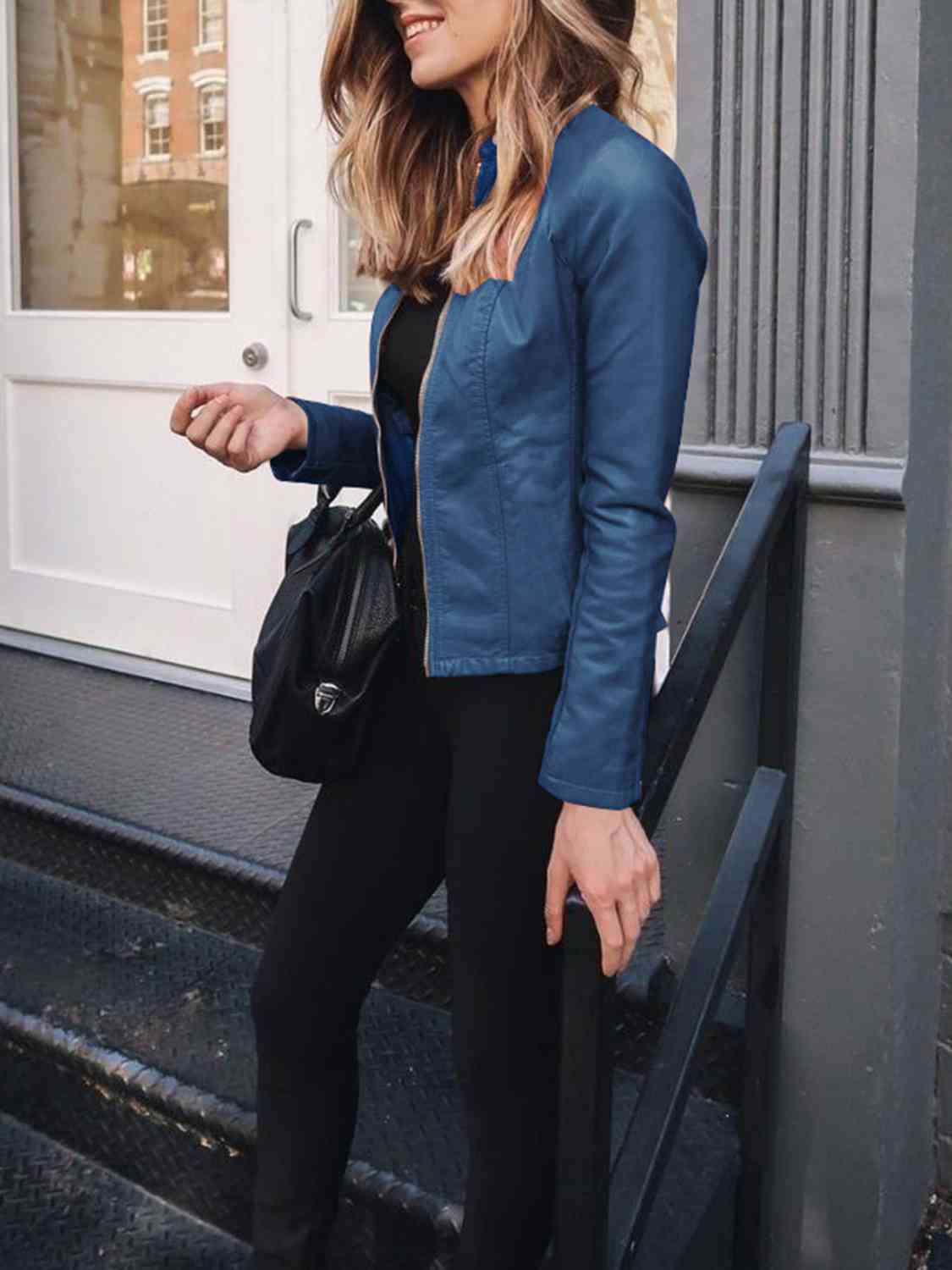 Chic Moto Vegan Leather Jacket Zip-up Sleek Snap Mock Neck