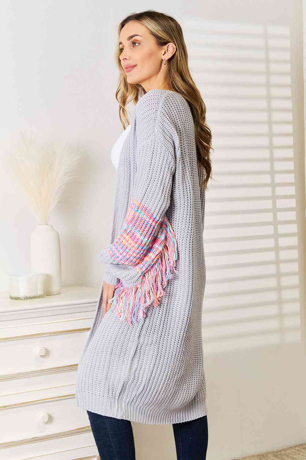 Fringe Retro Waffle Knit Cardigan Sleeve Colorful Open Front Sweater Duster