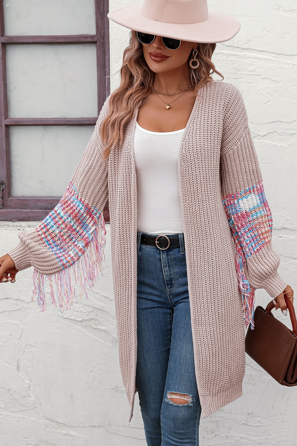 Fringe Sleeve Retro Waffle Knit Longline Cardigan Colorful Open Front Sweater Duster