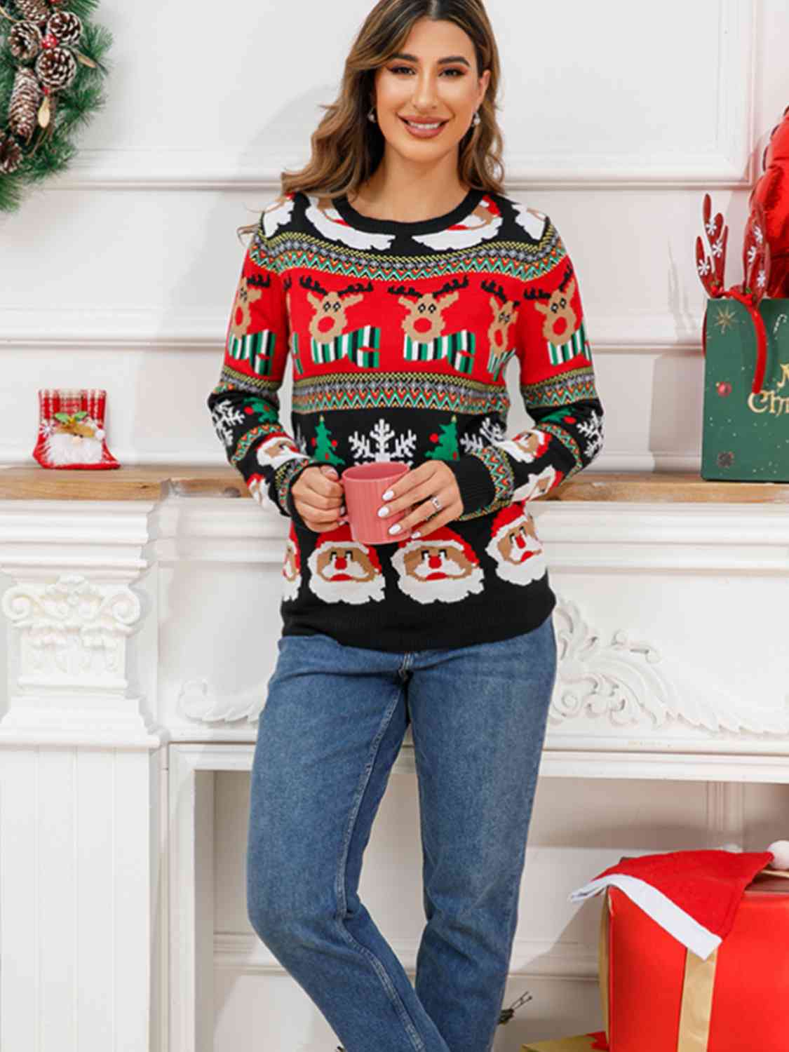 Bold Christmas Colorful Knit Rudolph Santa Festive Long Sleeve Sweater