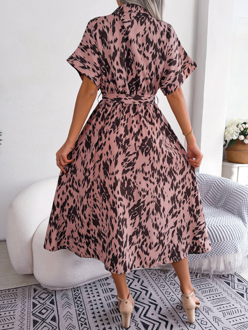 Brush Stroke Print Collared Short Sleeve Waist Tie Belt Midi Dress
