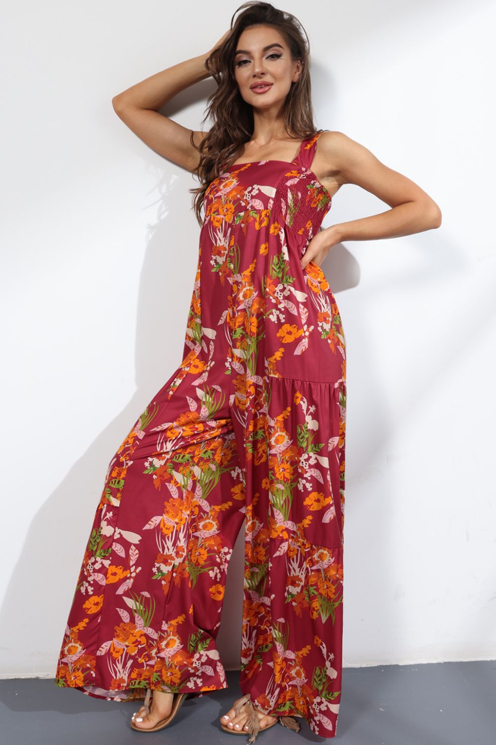 Floral Smock Side Jumpsuit Tiered Oversized Wide Leg One-piece Pant Outfit