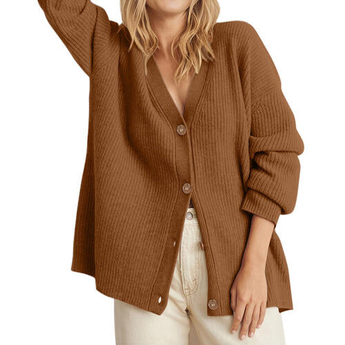 Ribbed Knit Oversized Button Front Classic Long Sleeve Button Front Cardigan