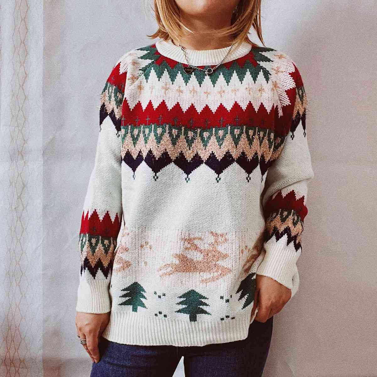 Reindeer Bold Knit Round Neck Classy Holiday Fair Isle Christmas Sweater