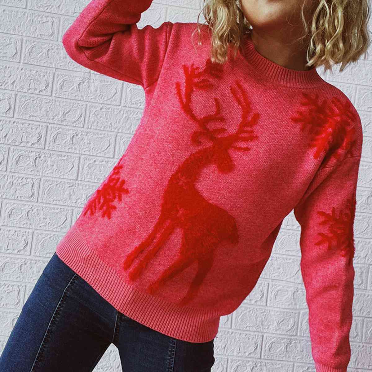 Fuzzy Reindeer Snowflake Knit Round Neck Winter Soft Print Sweater