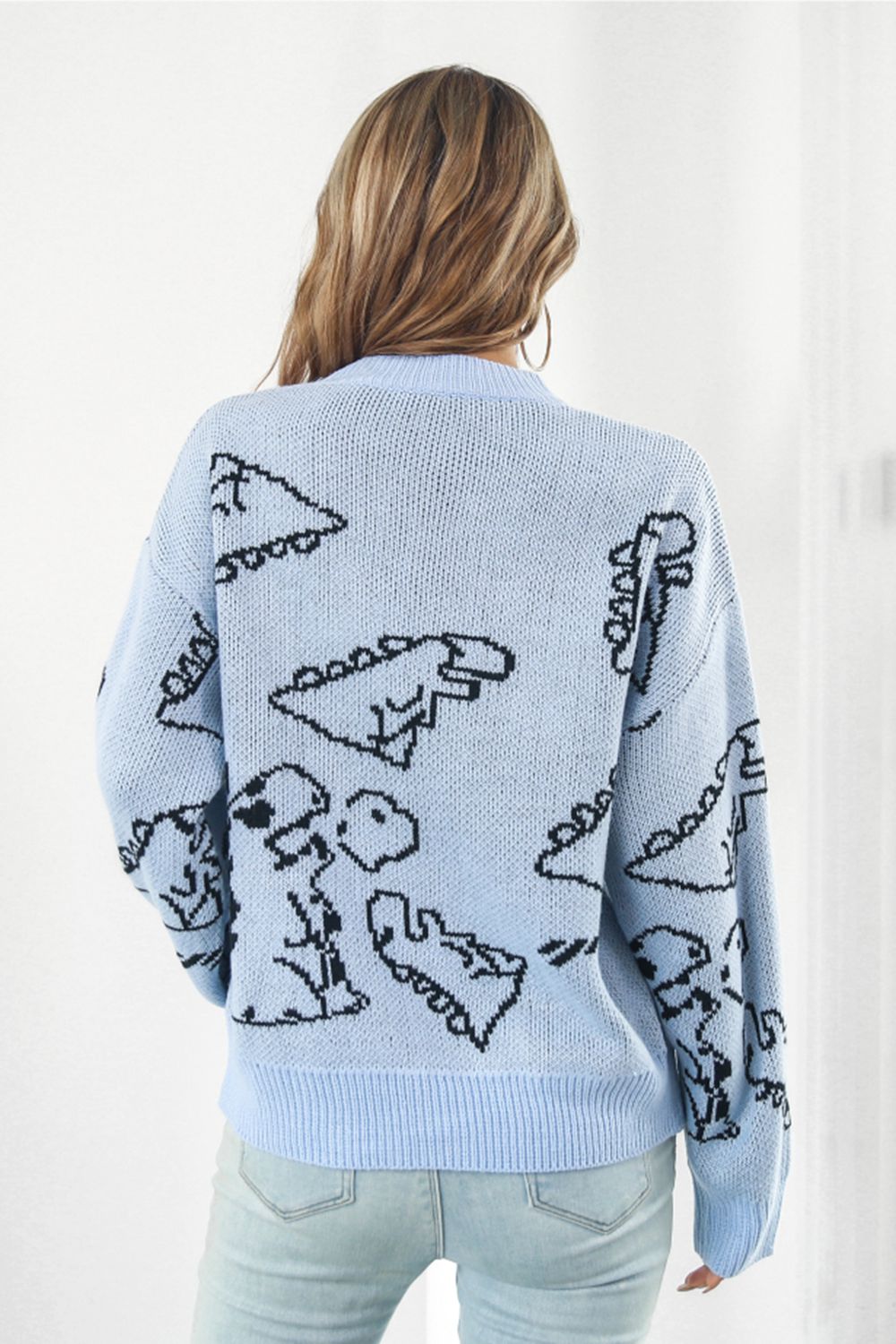 Dinosaur Knit Round Neck Playful Long Sleeve Oversized Pullover Sweater Shirt