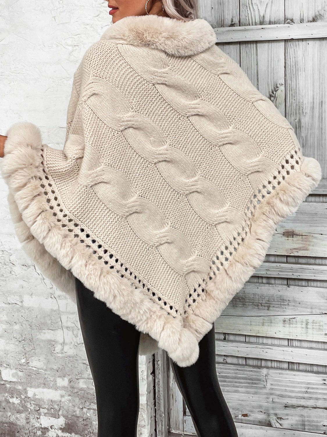 Plush Faux Fur Trim Cable Knit Pullover Poncho Sweater