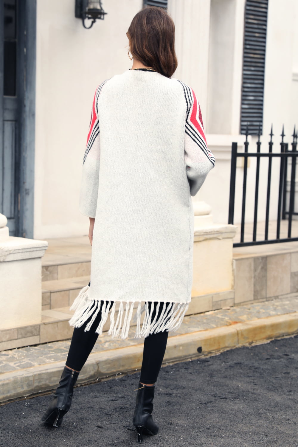 Fringe Retro Geometric Knit Cardigan Sleeve Colorful Open Front Sweater Duster