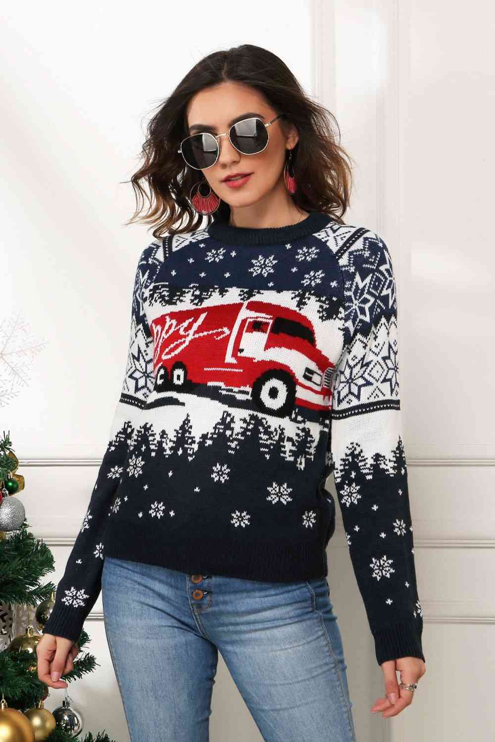 HAPPY Semi Truck Knit Fair Isle Geometric Snowflake Classic Pullover Winter Sweater