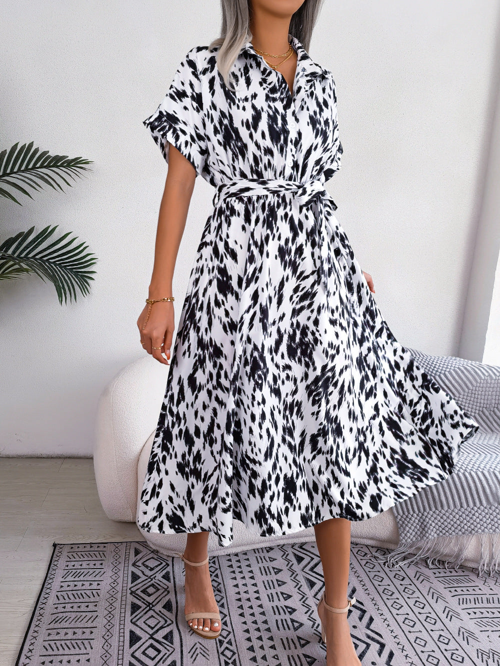 Brush Stroke Print Collared Short Sleeve Waist Tie Belt Midi Dress