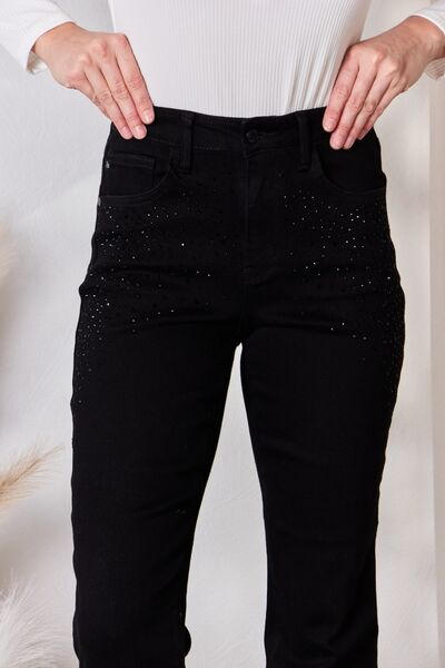 Black Rhinestone Accent Skinny Slim Fit Denim High Rise Waist Jean Pants