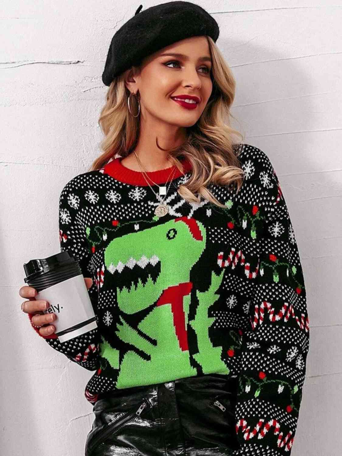 T-Rex Knit Dinosaur Holiday Christmas Light Fun Long Sleeve Sweater