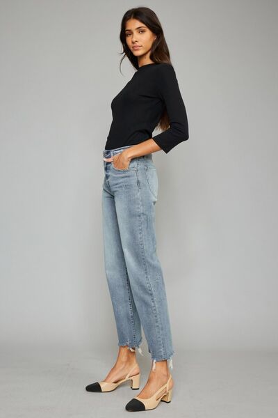 KanCan High-Rise Waist Raw Distressed Cropped Hem Wide Leg Mom Denim Jean Pants