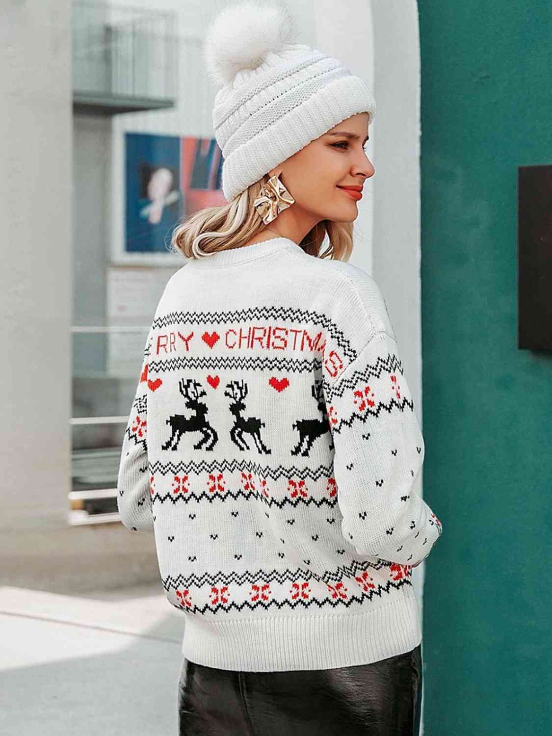 Reindeer Heart Knit Round Neck Holiday Long Sleeve Fair Isle Christmas Sweater