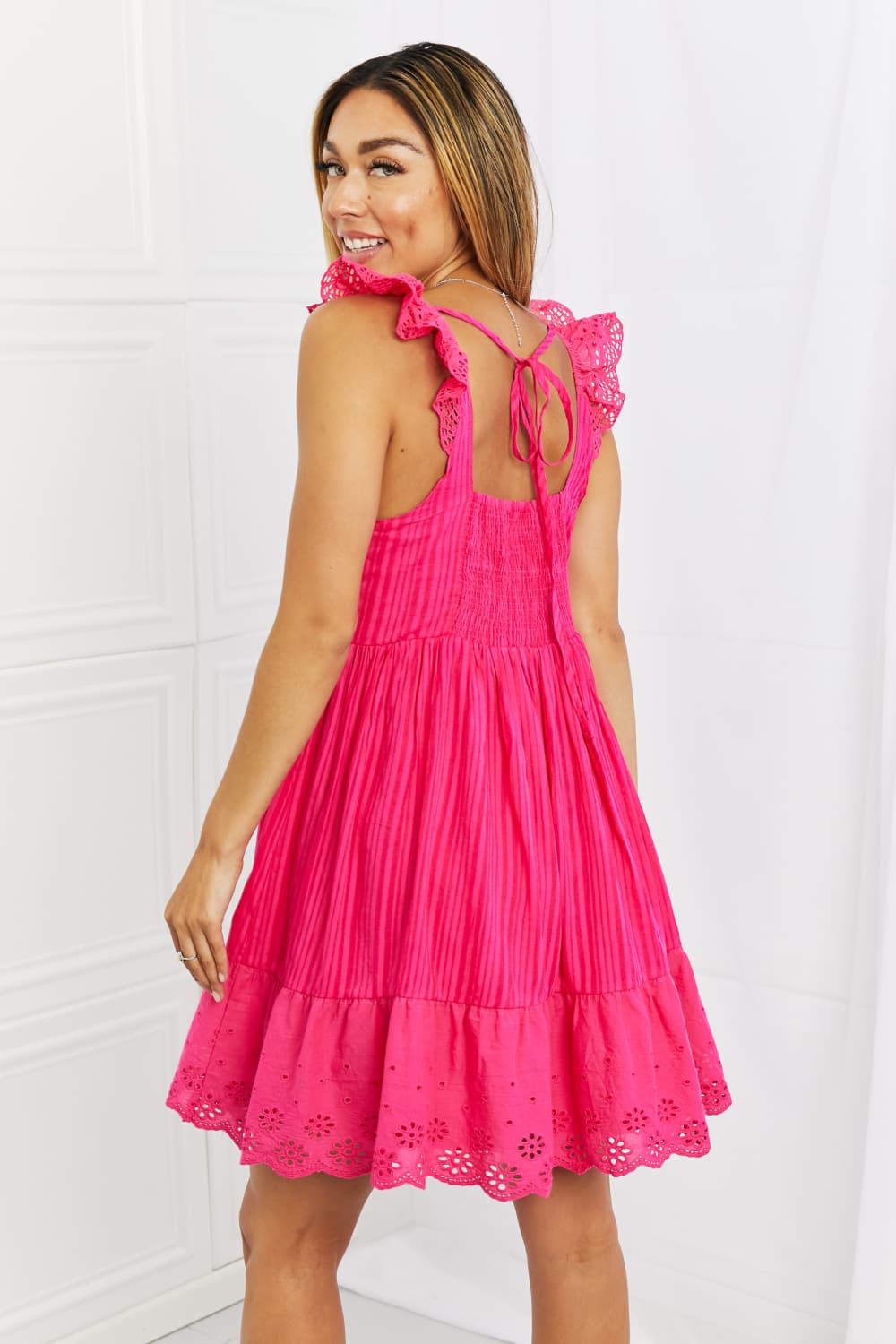 Neon Hot Pink Baby Doll Lace Ruffle Mini Dress (Plus Size Available)