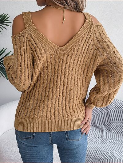Cable-Knit Woven Top Cold Shoulder Long Sleeve V-neck Cozy Sweater Shirt