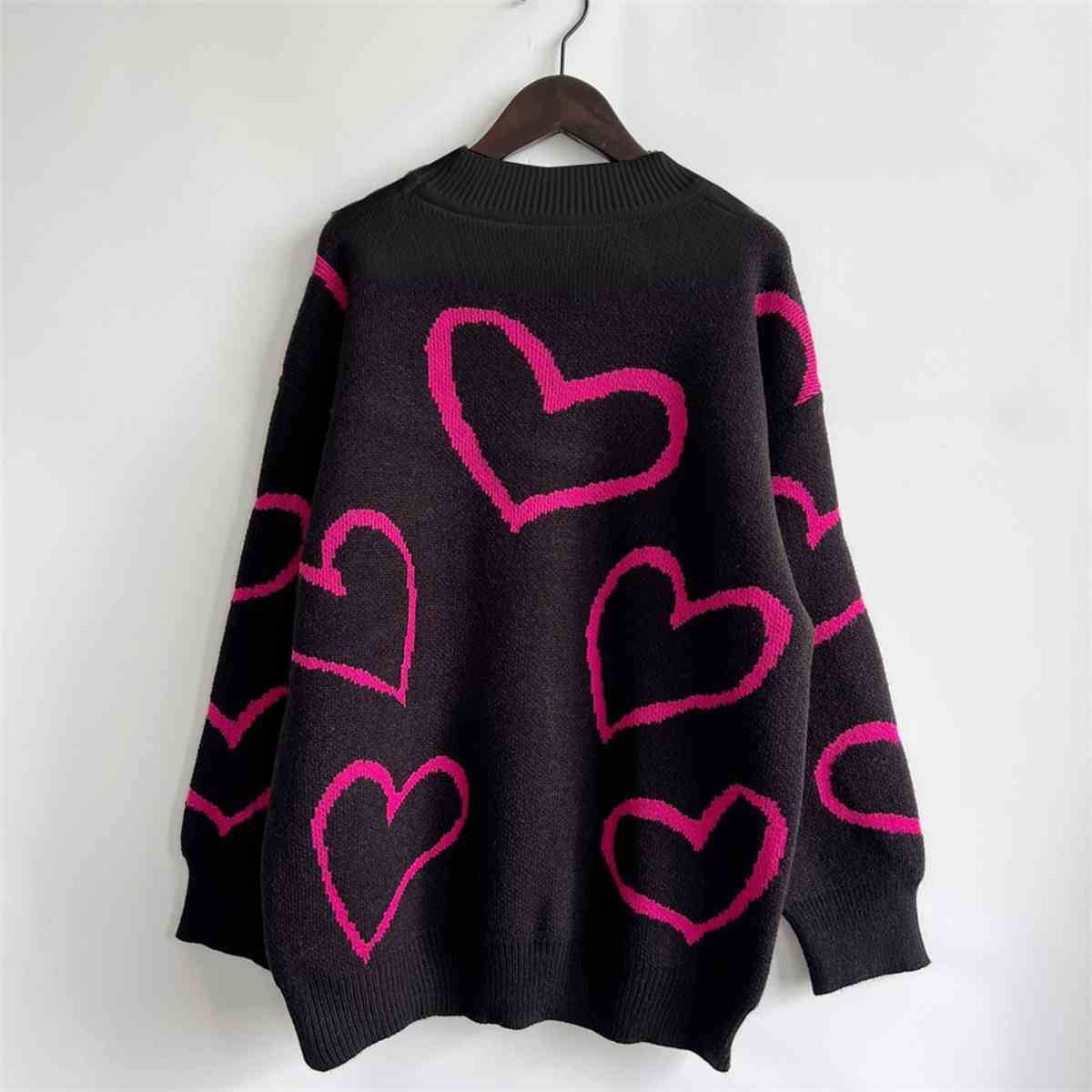 Knit Heart Color Contrasting Classic Long Sleeve Round Neck Pullover Sweater Top