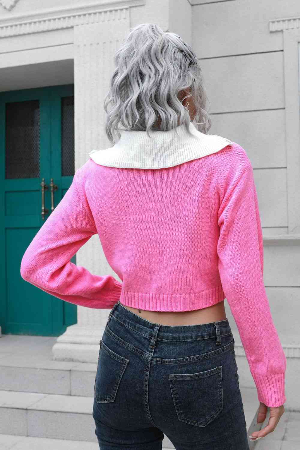 Collar Contrast Color Preppy Crop Top Long Sleeve Faux Layer Sweater Shirt