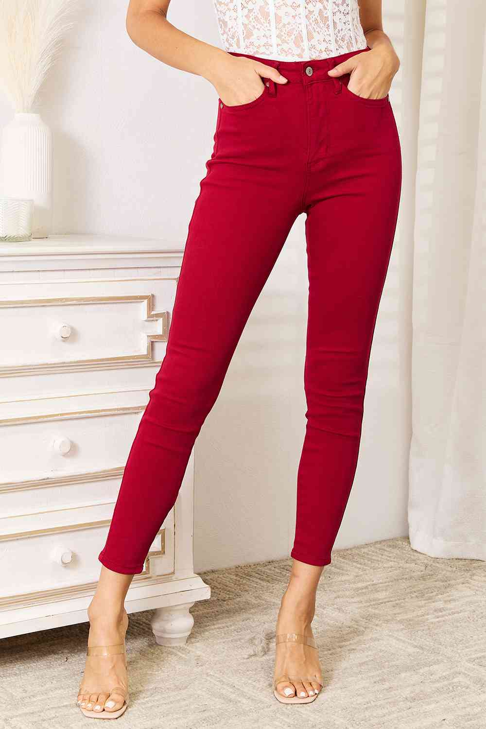 Tummy Control High-Rise Waist Red Demim Judy Blue Skinny Jean Pants