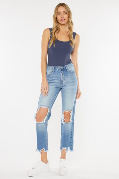 KanCan High-Rise Distressed Denim Raw Cropped Straight Leg Mom Jean Cotton Pants