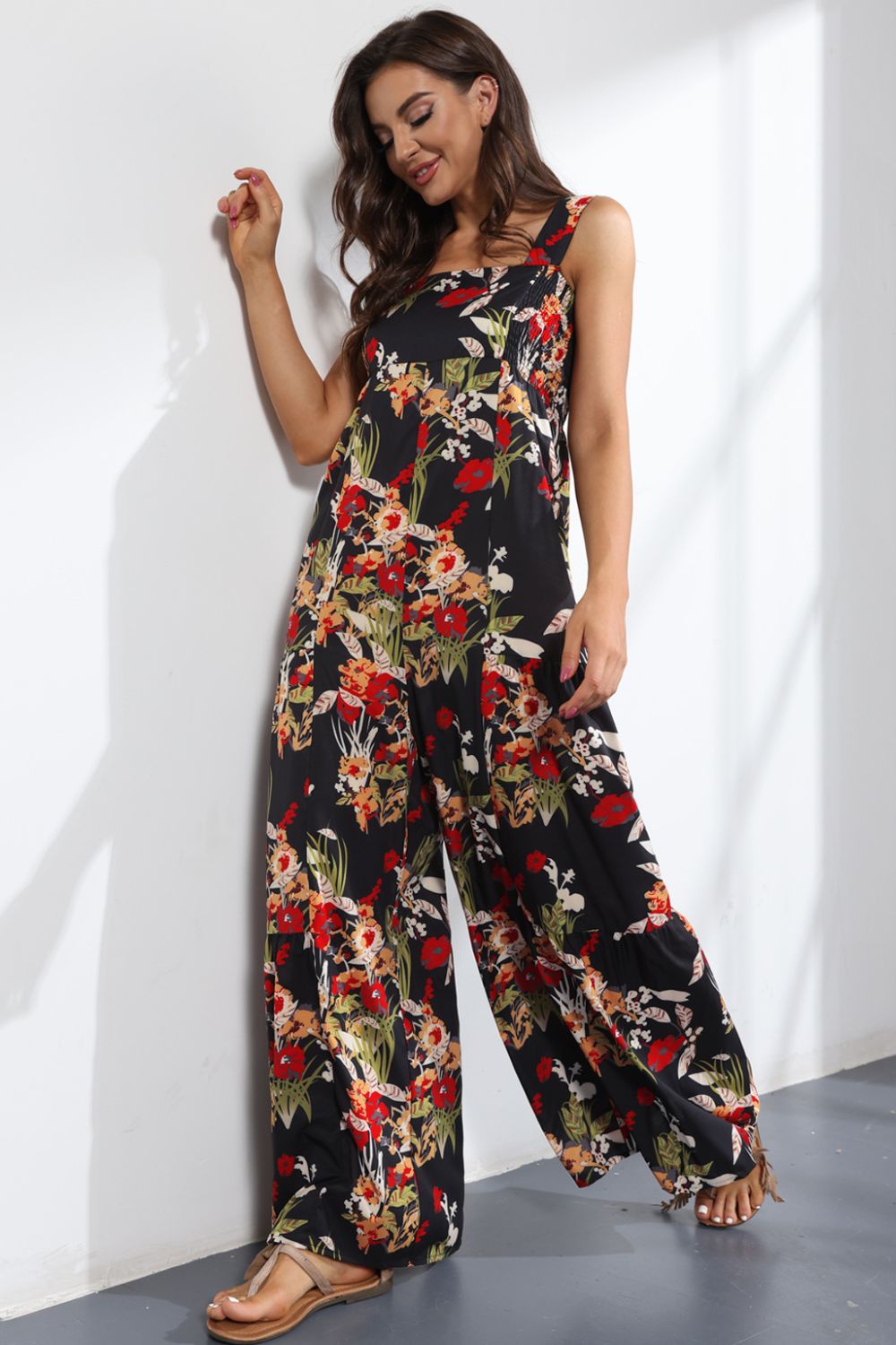 Floral Smock Side Jumpsuit Tiered Oversized Wide Leg One-piece Pant Outfit