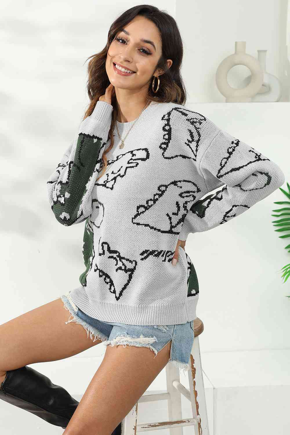 Knit Dinosaur Print Round Neck Long Sleeve Oversized Fun Pullover Sweater