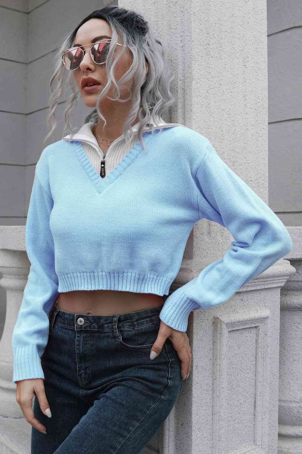 Collar Contrast Color Preppy Crop Top Long Sleeve Faux Layer Sweater Shirt