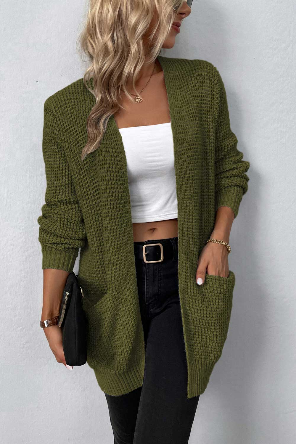 Waffle Knit Longline Open Front Sweater Pocket Cardigan