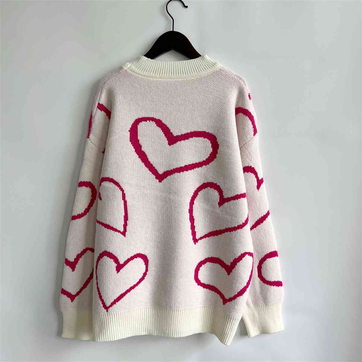 Knit Heart Color Contrasting Classic Long Sleeve Round Neck Pullover Sweater Top
