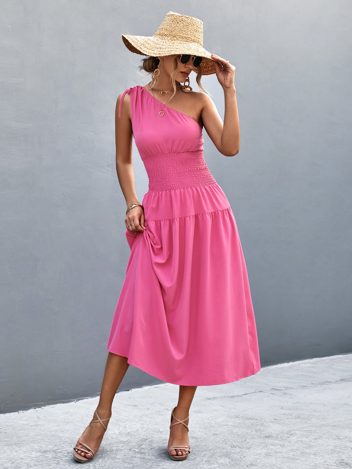Cinch Tie Asymmetrical One Shoulder Smocked Waist Midi Dress