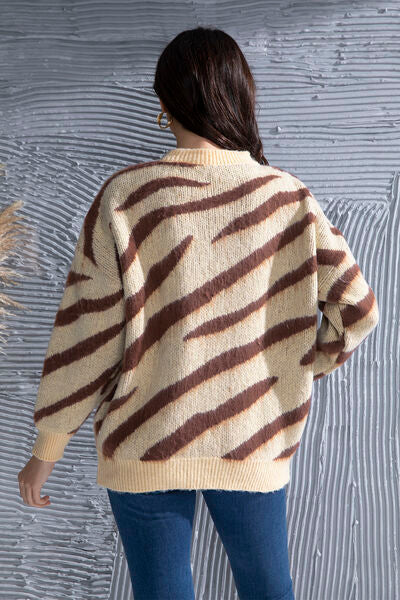 Zebra Stripe Animal Print Long Sleeve Round Neck Oversized Sweater Shirt