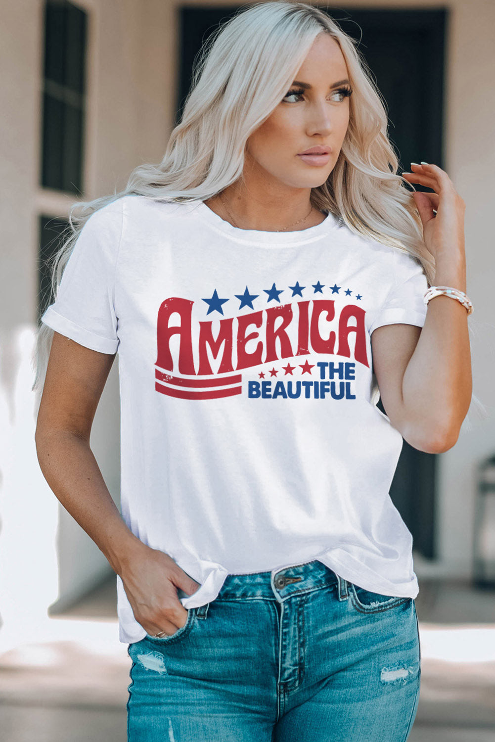 AMERICA THE BEAUTIFUL Graphic Top Classic Patriotic Tee Shirt