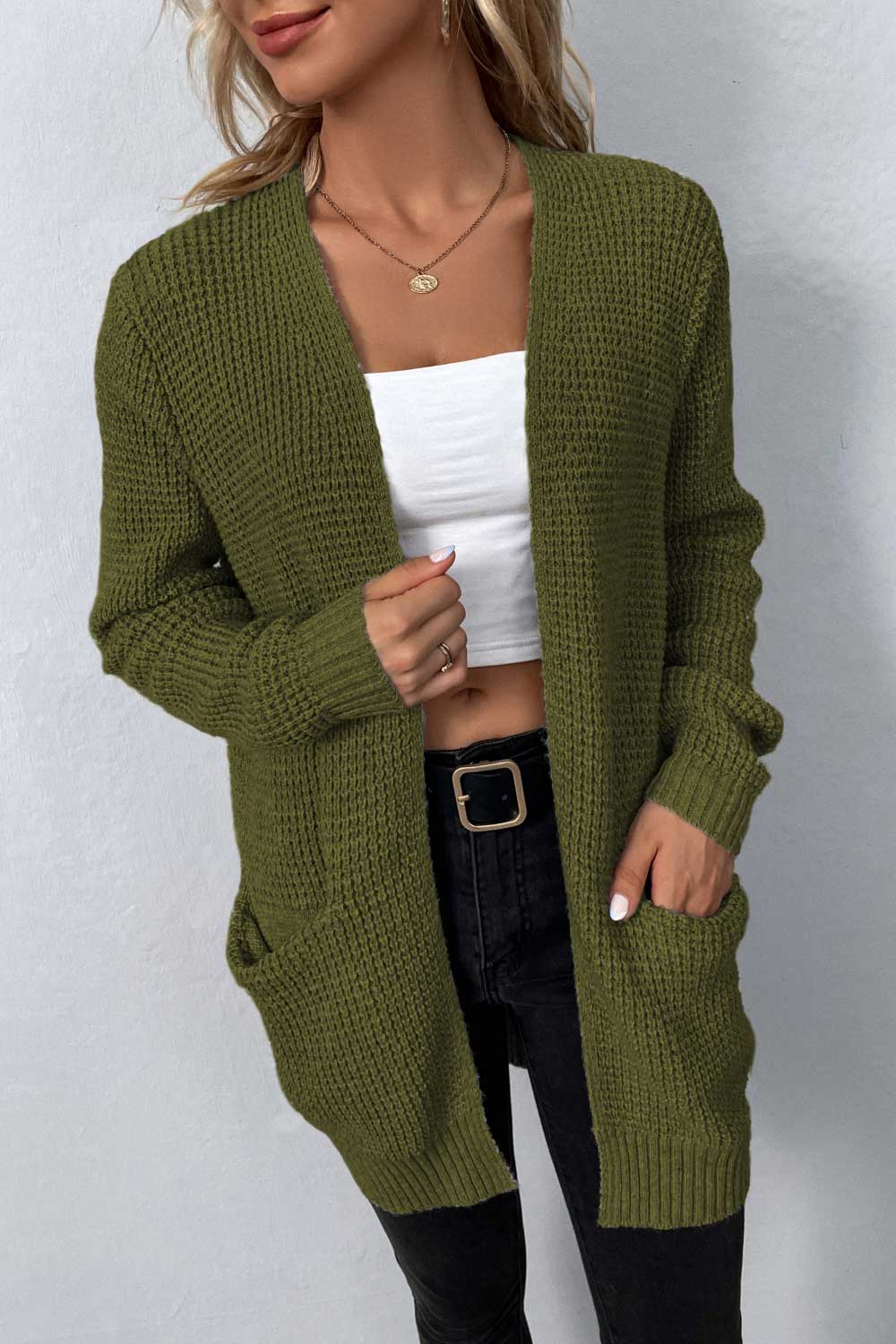 Waffle Knit Longline Open Front Sweater Pocket Cardigan