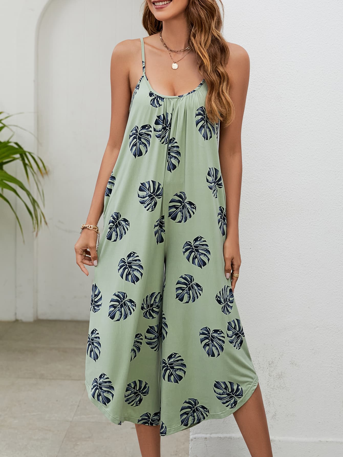 Botanical Palm Sleeveless Bohemian Capri Wide Leg Oversized Pant Pocket Jumpsuit