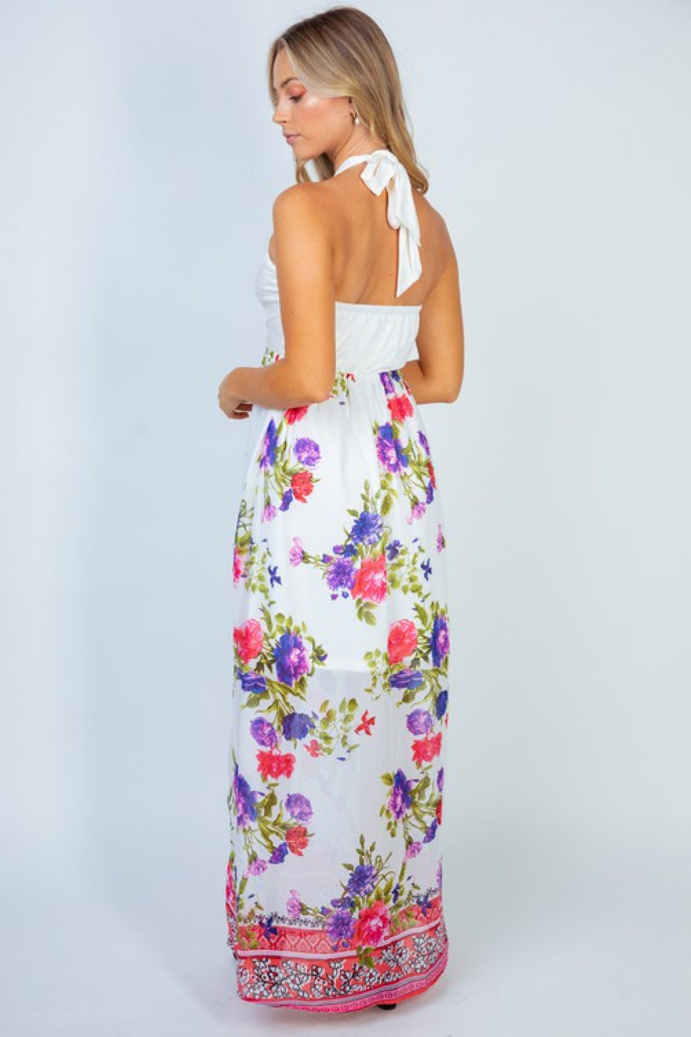Floral Keyhole Halter Dress Colorful Sheer Mini Mock Maxi (Plus Size Available)
