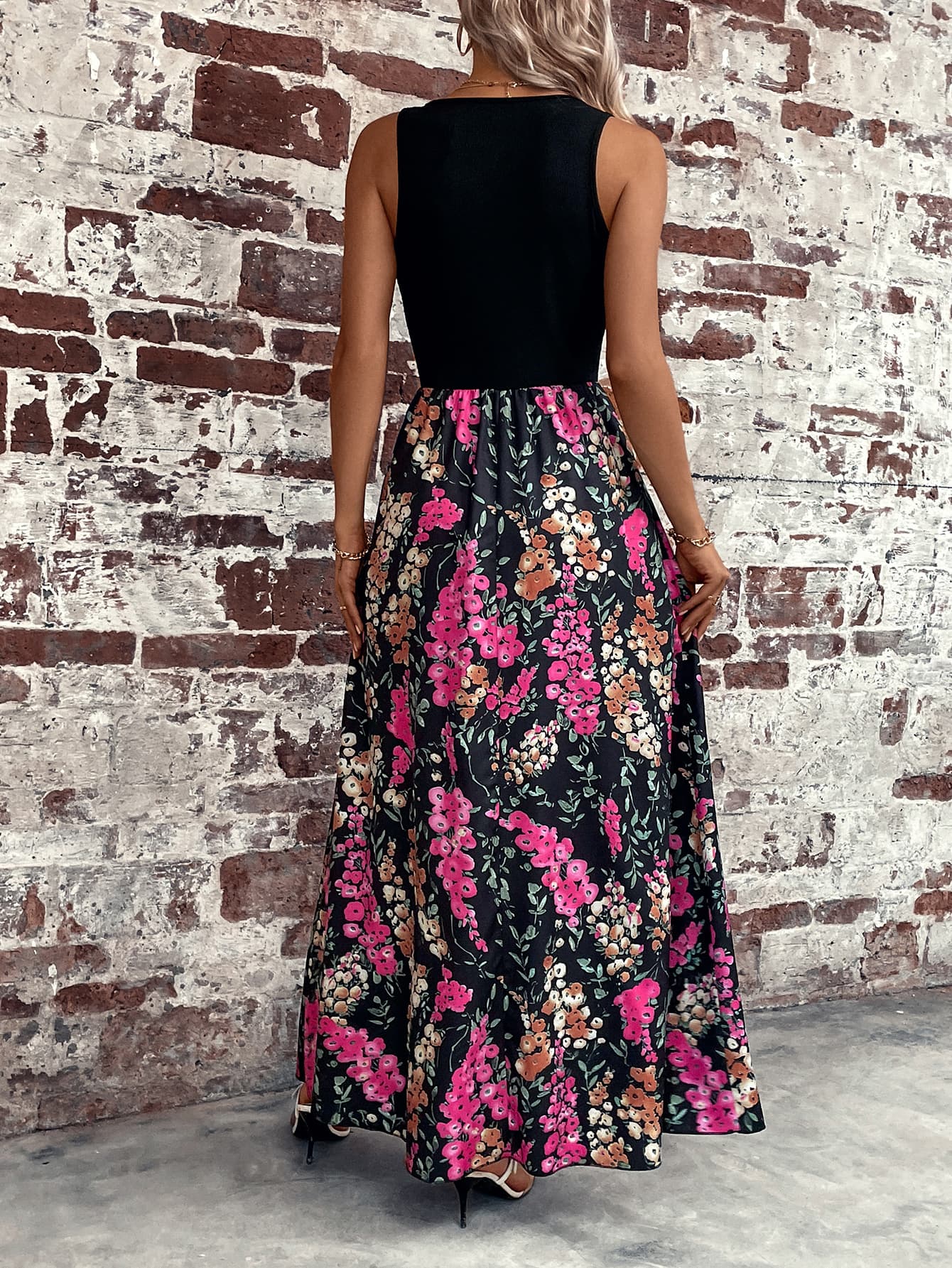 Color Block Bright Pink Floral Scoop Neck Sleeveless Maxi Dress